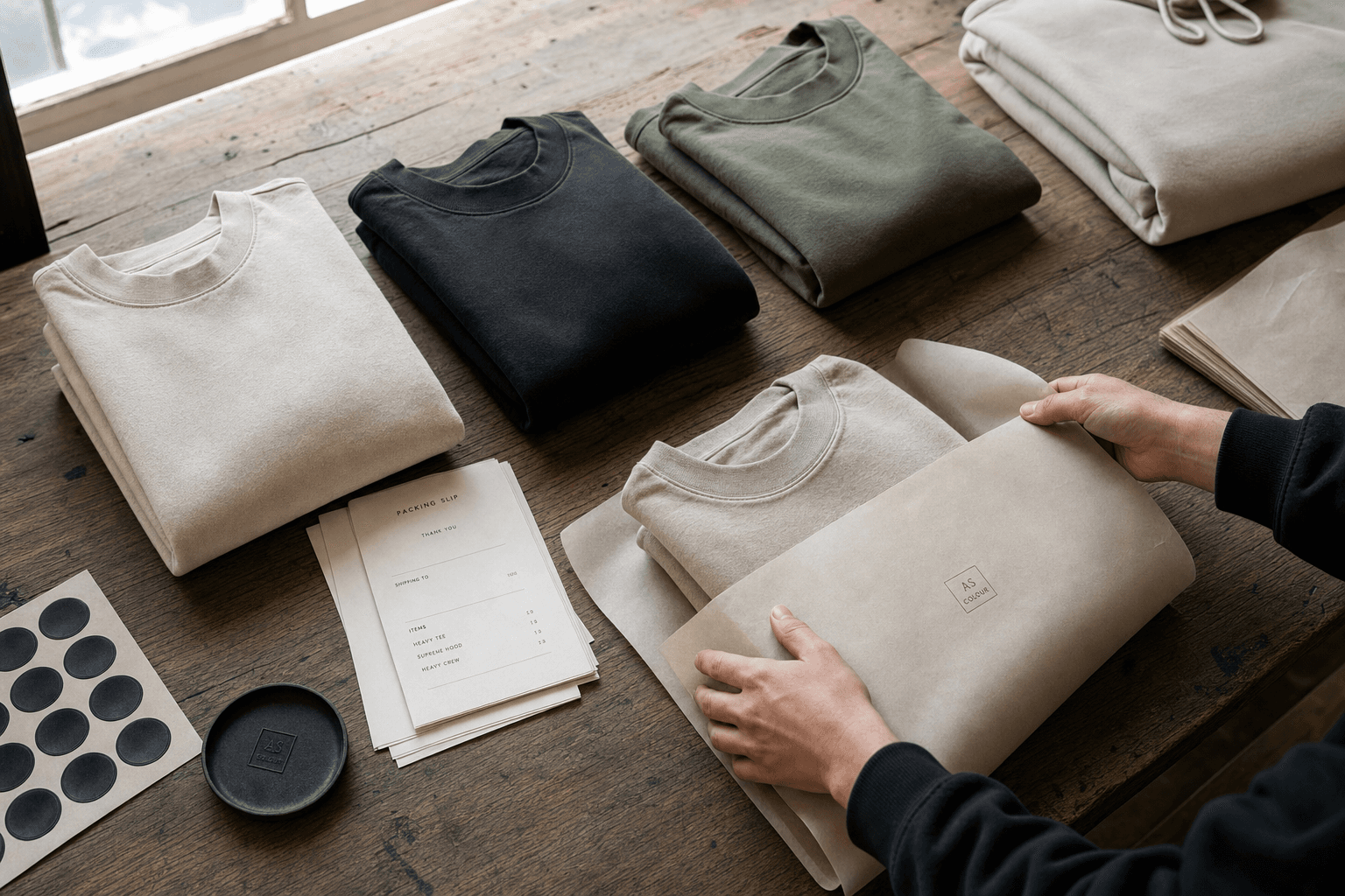 Hands wrapping folded apparel pieces in branded tissue paper on a workshop bench — every ThreadzShops order is packed and shipped from Utah.